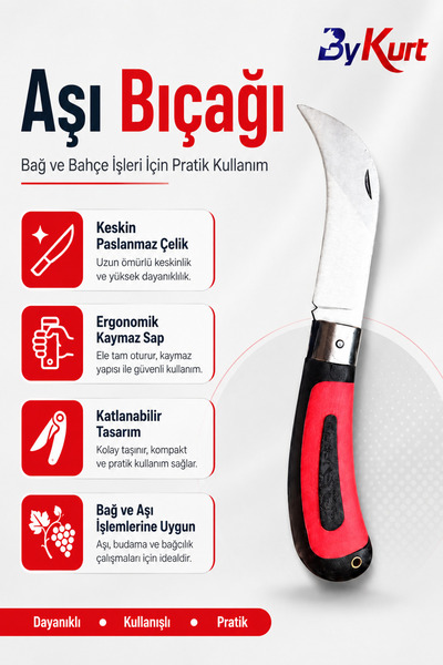 ByKurt Aşı Bıçağı Katlanabilir Ergonomik Saplı Bağ Bahçe Budama Bıçağı 21 cm