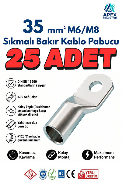 35mm M8 SKP Sıkmalı Bakır Kablo Pabucu - 25'li Paket