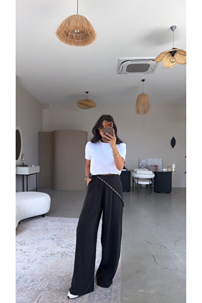 Buket Teke Black Triangle Studded Tencel Trousers with Scarf Detail