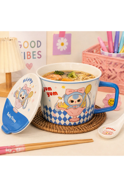 hediyeofisi Hediye Ofisi Yum Yum Büyük Noodle Kasesi – Kapaklı Kaşıklı Serami...