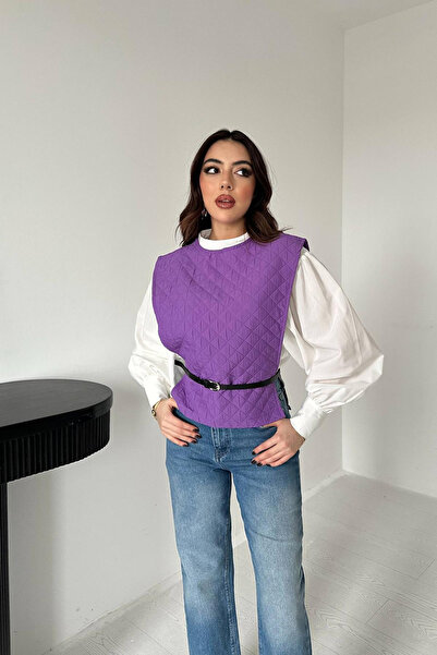 Elbee Fashion Woman Γυναικείο Σετ Πουκάμισο με Μωβ Ζώνη και Πόντσο