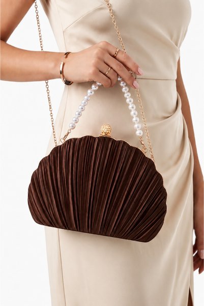 Famels Brown Evening Dress Bag, Pleated Evening Dress Bag, Pileled Evening Dress Bag Oyster Beige Satin Pearl Handle Wide Model Evening Dress Bag Handbag