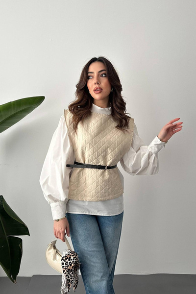 Elbee Fashion Woman Γυναικείο Σετ Μπεζ Πουκάμισο με Ζώνη και Πόντσο