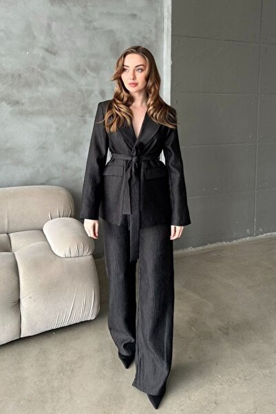 Elbee Fashion Woman Μαύρο Γυαλιστερό Σετ με Ζώνη στη Μέση