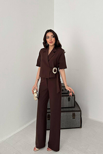 Elbee Fashion Woman Brown Single-Buckle Jacket and Pants Set