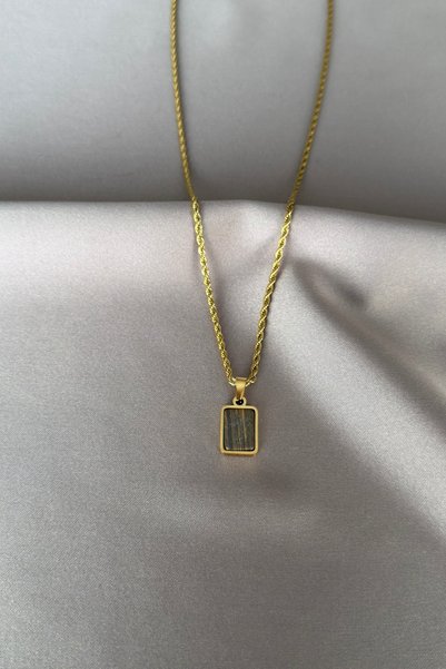 laria jewelry Brown Line Detailed Rectangular Stone Steel Necklace
