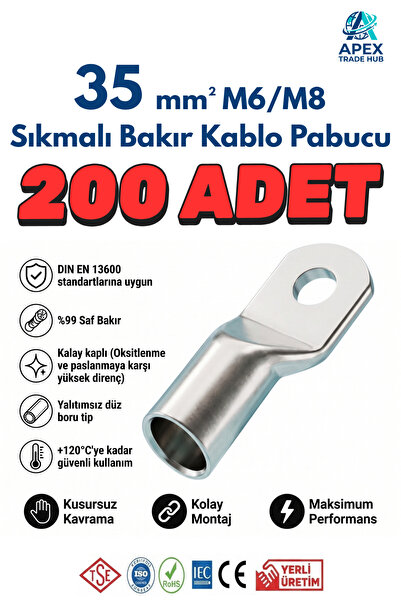 35mm M8 SKP Sıkmalı Bakır Kablo Pabucu - 200'lü Paket