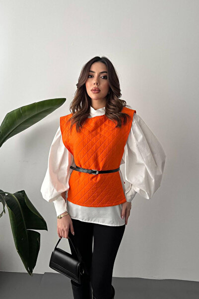 Elbee Fashion Woman Γυναικείο Σετ Πορτοκαλί Πουκάμισο με Ζώνη και Πόντσο