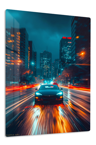 Emesa Art Blue Sports Car Night Drive Metal Wall Art