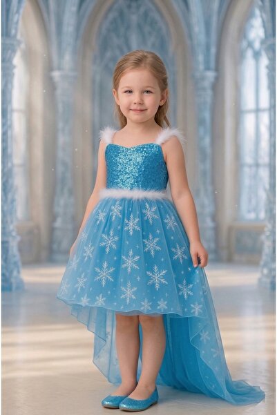 Parti Kırtasiye Karlar Ülkesi Frozen Elsa Kostümü Mavi Ön Kısa Arka Kuyruklu ...