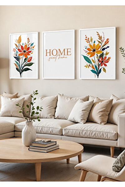 NT Handmade Set de 3 tablouri cu flori, înrămate în lemn natural, Home Sweet ...