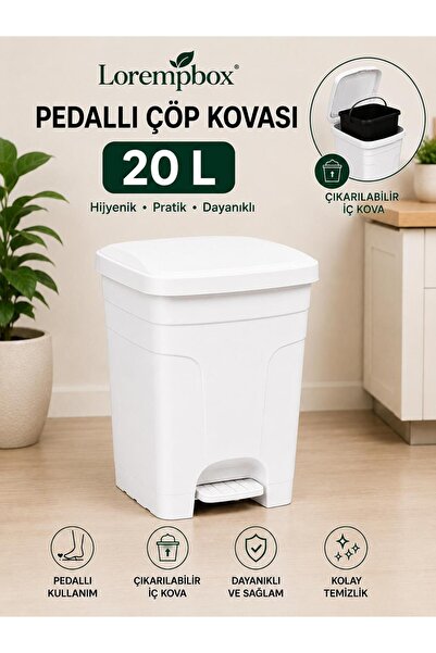 LOREMPBOX 20 L Pedallı Çöp Kovası – Çıkarılabilir İç Kovalı, Kapaklı, Hijyeni...