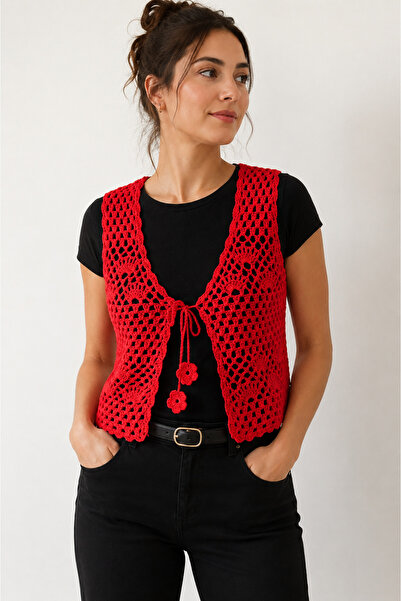 NEHOLİA Women's Red Hand Knitted Vest, Size S, Front Tie, Floral Detailed Ope...