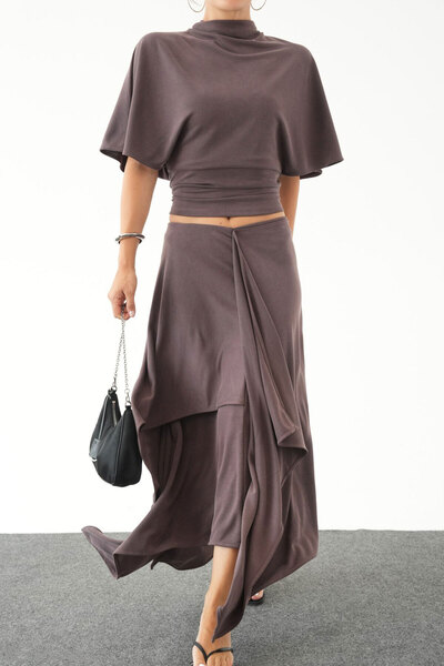 MAGARDE Stand-Up Collar Blouse with Asymmetric Cut Skirt Set - Brown