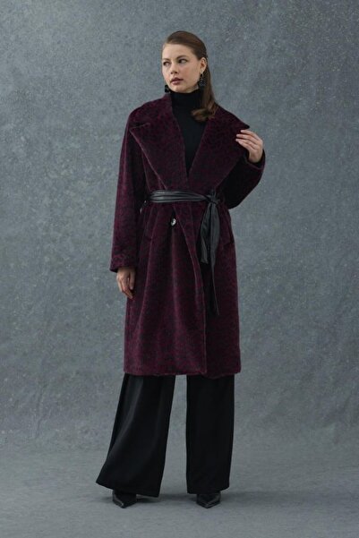 Elbee Fashion Woman Μπορντό λεοπάρ δερμάτινο παλτό με λεπτομέρεια και ζώνη