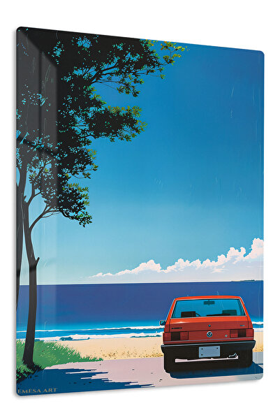 Emesa Art Orange Classic Car Beach Minimalist Metal Wall Art