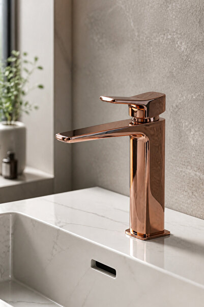 İSAOĞLU YAPI Bakır Bronz Kare Lavabo Bataryası Rose Bakır Banyo Lavabo Armatü...