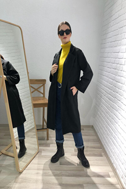 Elbee Fashion Woman Γυναικείο μαύρο παλτό με λαιμόκοψη V