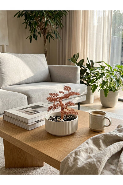 El Yapımı Bakır Tel Bonsai Ağacı - Doğal Taşlı Dekoratif Saksı