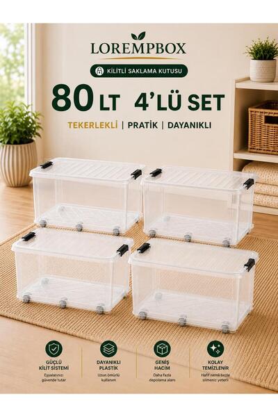 LOREMPBOX 80 LT Büyük Boy Saklama Kutusu 4’lü Set – Kapaklı, Kilitli, İstifle...
