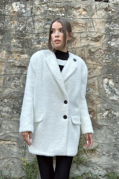 Elbee Fashion Woman Palton moale cu pene albe