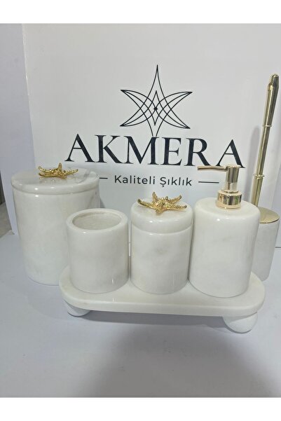 Akmera Home طقم حمام فاخر من الرخام الحقيقي مكون من 6 قطع مستطيلة الشكل