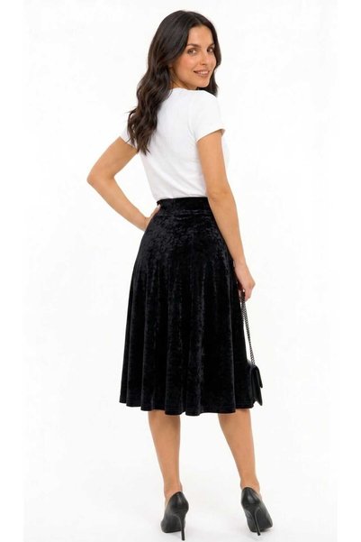 by ruzgar Velvet Midi Length Black High Waist Elastic Waist A-Line Half Flared Velvet Skirt Product Length 70 cm