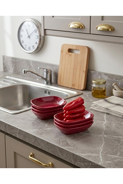 BİODATA 6 Adet Kırmızı Garnitür Kayık Kırılmaz Melamin Kayık Tabak Meze Tabağı Sosluk 12 x 8 cm