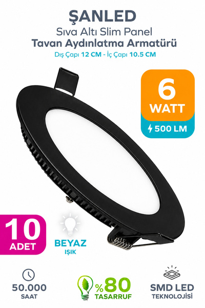 ŞANLED 6w Tasarruflu Led Yuvarlak Siyah kasa Beyaz Işık Sıva Altı Panel Aydın...