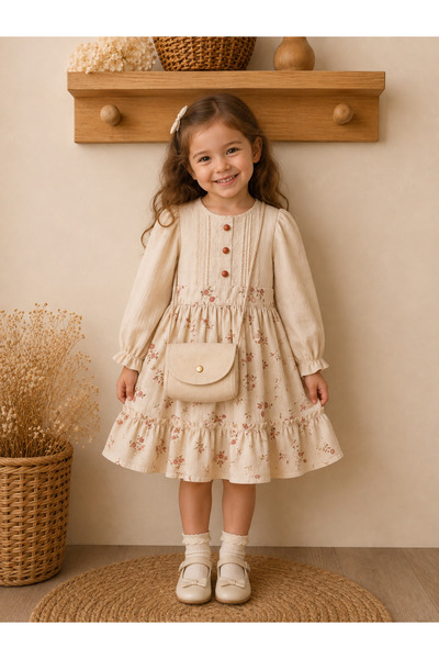 buzy kids concept Dantelli Çiçekli Çanta Aksesuarlı Kız Çocuk Elbise 2-5 Yaş
