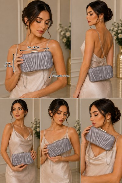 melezzi Platin Renk Saten Kumaş Pileli Model Abiye Portföy Clutch Kadın Çanta...