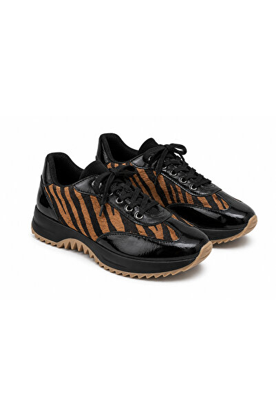 Kadın Siyah Kahverengi Animal Desenli Bağcıklı Günlük Sneaker Spor Ayakkabı