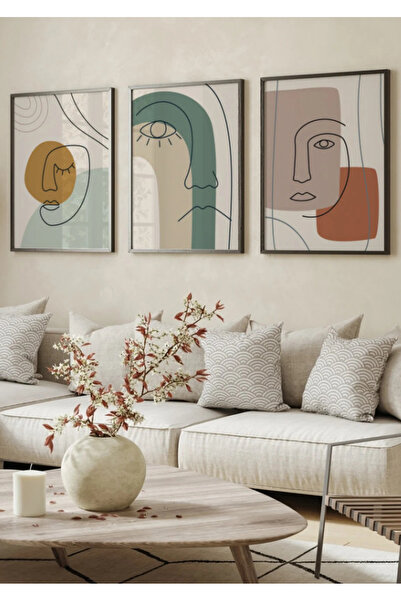 NT Handmade Natural Wood Framed 3-Piece Abstract Face Modern Minimalist Line ...