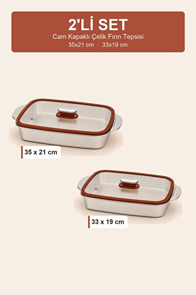 viracasa 2'li Cam Kapaklı Çelik Fırın Tepsisi Seti 35x21 ve 33x19 cm Kulplu B...