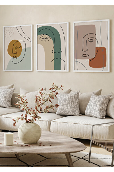 NT Handmade Natural Wood Framed 3-Piece Abstract Face Modern Minimalist Line ...