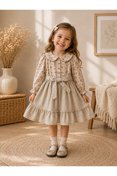 buzy kids concept Bebe Yakalı Kemerli Kız Çocuk Elbise 2 Yaş-5 Yaş