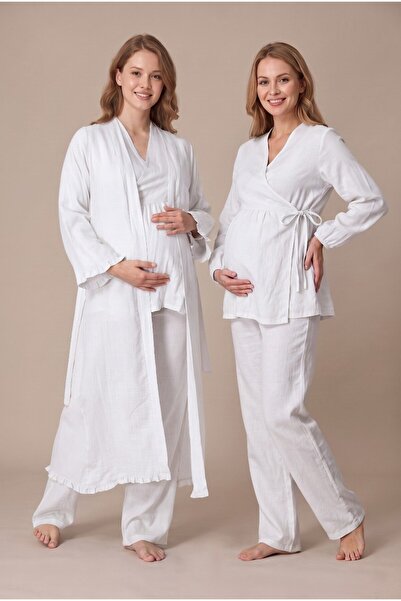 LOHOUSE Women's Ecru Muslin Cotton Fabric Side-Tie Long Sleeve Double-Breaste...