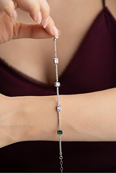 Silvano Jewelry 925 Ayar Gümüş Rodyum Kaplama Renkli Baget Taşlı Suyolu Bileklik