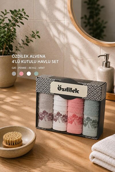 Özdilek El ve Yüz Havlusu 4 lü Kutulu Alvena Gri Pembe Beyaz Mint