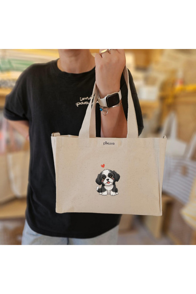 Pikkuva Cute Puppy and Heart Printed Mini Canvas Tote Bag Thick Stand-Up Fabr...