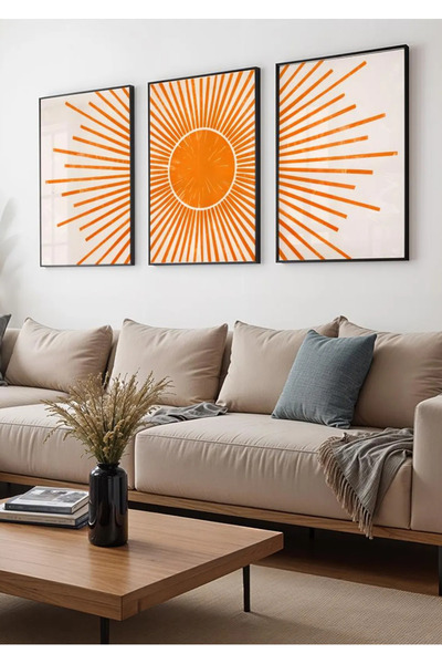 NT Handmade Natural Wooden Framed Set of 3 Orange Sun Paintings Decorative Wa...
