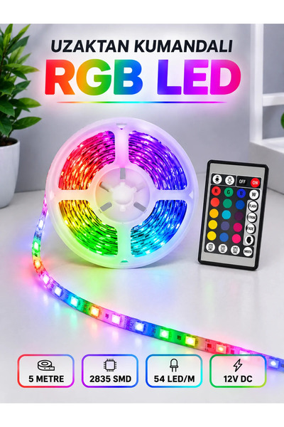 RGB Şerit LED 5 Metre 12V 2835 SMD Kumandalı Renkli Oda ve Ev Aydınlatması
