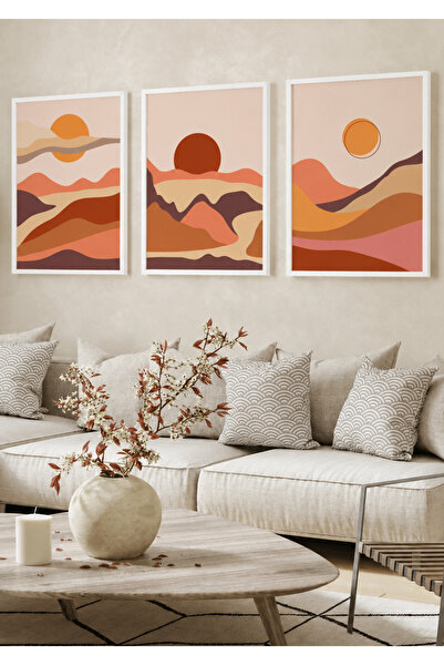 NT Handmade Natural Wooden Framed 3-Piece Sunset Painting Set Decorative Wall...