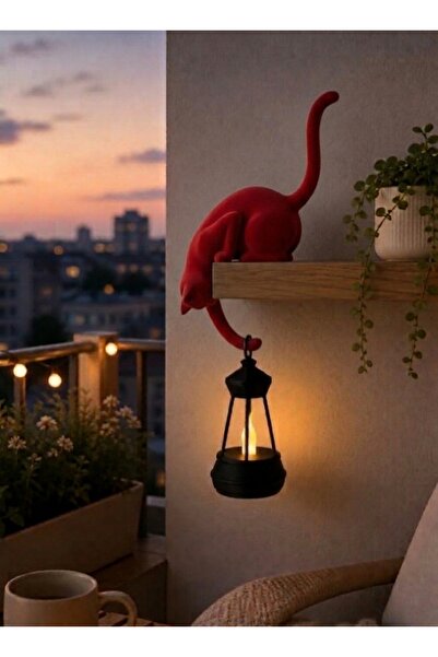 IL-HANST Askılı Kedi Figürlü Raf Dekoru 24 cm – LED Fenerli Minimalist Balkon...