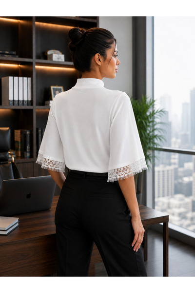 mixxtrend Women's Bat Sleeve Lace White Blouse