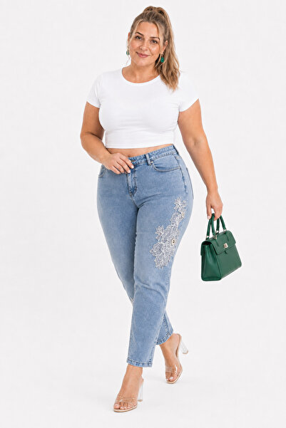 Trieste Plus Size Washed Denim Lace Appliqué Pearl Stone Detailed Women's Tro...
