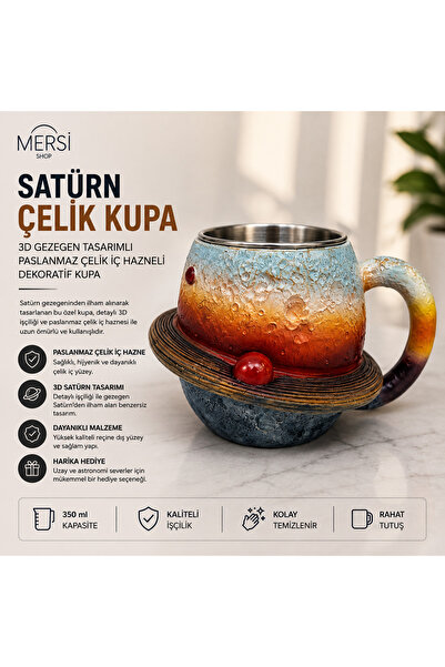 Mersi SHOP Satürn Figürlü Çelik Kupa 3D Gezegen Tasarımlı Paslanmaz Çelik İç ...