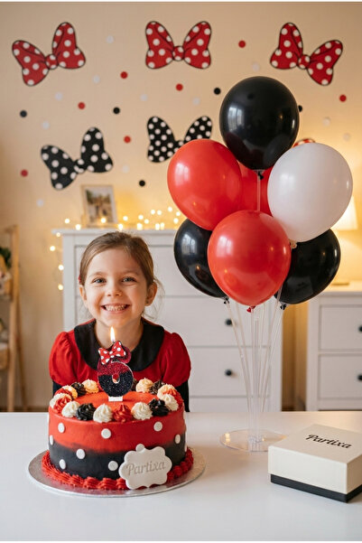 Partixa Kırmızı Siyah Fiyonk Detaylı Rakamlı Pasta Mumu & Balon Stand Seti - ...