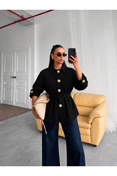 PINTORE Women's Gold Button Detailed Belted Shirt