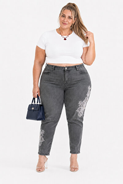Trieste Plus Size Washed Denim Lace Appliqué Pearl Stone Detailed Women's Tro...